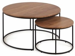 Barna kerek dohányzóasztal szett diófa dekoros asztallappal, 2 db-os ø 80 cm Yona - Kave Home