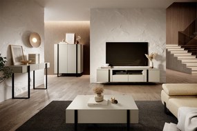 Verica 200 cm-es TV-szekrény, falra szerelhető, nyitott polccal - kasmír / fekete fogantyúk