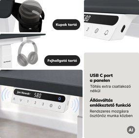 Elektromos, állítható magasságú, ergonomikus, fehér-antracit íróasztal,1400x700 mm: ARIA