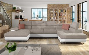 SAN DIEGO U alakú kinyitható kanapé - fehér ökobőr / bézs / rózsaszín, jobb sarok