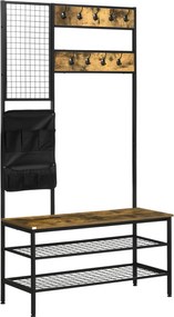 HOMCOM Széfjáró Állvány Ülőkével, Ruhafogas Akasztókkal, Cipőtartó, Viselet Táskával, Kabát Akasztó Előszobába, Folyosóra, Acél, Rusztikus Barna | Aos