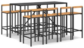 vidaXL 9 részes fekete polyrattan és tömör akácfa kerti bárszett