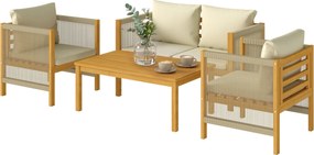 Outsunny 4 részes akácfa kerti ülőgarnitúra 4 főre — 2 személyes kanapé, 2 fotel, dohányzóasztal, mosható párnák, bézs | Aosom