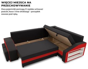 Grande sarokkanapé polcokkal és puffokkal , polc a jobb karfaban puffok a bal karfaban, jobboldali, szövet anyag, bonell töltet, fekete - piros