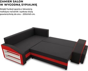 Grande sarokkanapé polcokkal és puffokkal , polc a bal karfaban puffok a jobb karfaban, baloldali, szövet anyag, hab töltet, fekete - piros