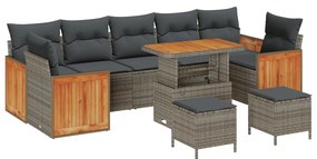 10 Darabos Kerti Sofa Készlet Párnákkal Szürke Poli Rattanból Akácos, 2-Fős Kerti Sofa Párnákkal Szürke Poli Rattanból, 3 Darabos Kerti Étkező Készlet Párnákkal Szürke Poli Rattanból Akácos