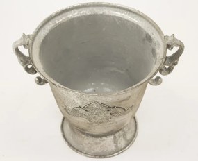 Antique fém váza koptatott ezüst szürke fogantyús 18,5x23x18,5cm