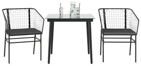 vidaXL 3 részes fekete polyrattan üveg kerti étkezőgarnitúra párnákkal