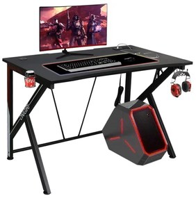 Gamer számítógépasztal pohártartóval és fejhallgató-akasztóval, 116x73x76cm - fekete, piros, fehér