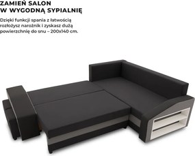 Grande sarokkanapé polcokkal és puffokkal , polc a jobb karfaban puffok a bal karfaban, jobboldali, szövet anyag, hab töltet, fekete - szürke