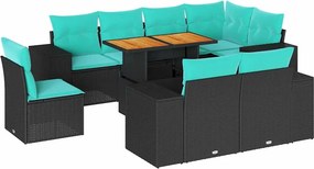 vidaXL 9 részes fekete polyrattan kerti ülőgarnitúra párnákkal