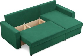 Zeus sarokkanapé, 2 ágyneműtartóval, egyenes kartámasz, bársony, univerzális oldal, bonell töltet, zöld