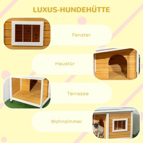 PawHut kutyaház verandával, nyíló tetővel, ablakkal, állítható lábakkal, természetes fa, narancs, fehér