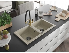Mexen Mario, gránit mosogató 820x436x161 mm, 2 kamrás és Duo mosogató csaptelep, bézs, 6504-69-671701-57-B