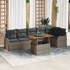 7 darabos kerti kanapé szett párnákkal szürke poly rattan akác, 2 személyes kerti kanapé párnákkal szürke poly rattan