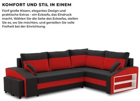 Grande sarokkanapé polcokkal és puffokkal , polc a jobb karfaban puffok a bal karfaban, jobboldali, szövet anyag, bonell töltet, fekete - piros