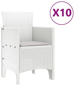11 Darabos Kerti Étkező Szett Párnákkal Fehér Polirattan, Kerti Asztal Fehér 150x100x73 cm Polirattan, Kerti Székek Párnákkal 2 db Fehér Polirattan, Kerti Székek Párnákkal 4 db Fehér Polirattan