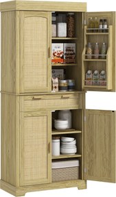 HOMCOM Magas Boho Stílusú Konyhai Buffettek 2 Szekrénnyel és 1 Fiókkal, Konyhai Szekrény Fa és Rattan Fűszertartókkal, 76x40x183cm, Tölgy | Aosom