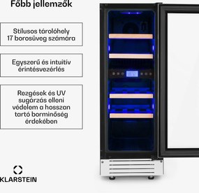 Klarstein Vinovilla 17, kétzónás borhűtő, 53 liter, 17 palack, 3 színű LED világítás, fehér