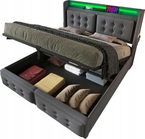 Kárpitozott ágy 160x200, dupla 160x200cm Led Usb C Hidraulika szürke