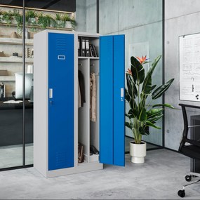 Pléh öltözőszekrény talpazaton, kétmodulos, polccal és köztes fallal KACPER, 800 x 1800 x 500 mm, szürke-kék