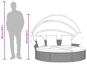 fekete polyrattan kültéri napozóágy napellenzővel és párnákkal