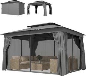 Outsunny pavilon 3,8 x 3,0 m — vízlepergető, stabil kerti pavilon dupla tetővel, függönyökkel és szúnyoghálóval, rendezvénytető kampókkal, fémvázzal,