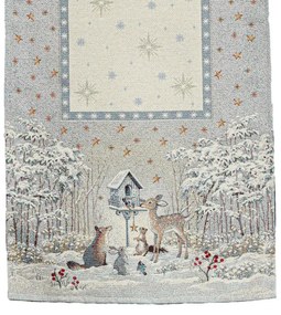 Téli erdő ezüst lurexes, gépi gobelin asztali futó, 44 x 140 cm