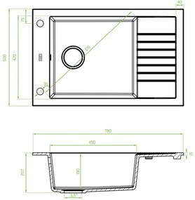 Laveo Pionier, 1 kamrás gránit mosogató 780x500x207, rövid lefolyóval, fekete, LAV-SBR_713T