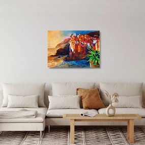 Kép - Falu Cinque Terre partján, az olasz riviérán, modern impresszionizmus (üvegen) (70x50 cm)