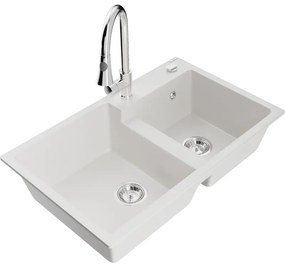 Mexen Tomas, 2 kamrás gránit mosogató 800x500x190 mm és Elia mosogató csaptelep, fehér, 6516-20-670101-00