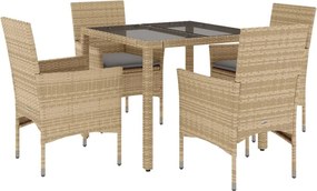 vidaXL 5 részes bézs polyrattan/üveg kerti étkezőgarnitúra párnákkal