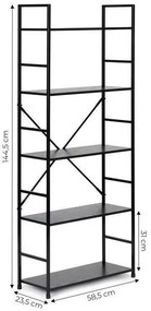 Fekete 5 szintes nyitott könyvespolc, tároló állvány fém lábakkal - 59x144cm Intenso