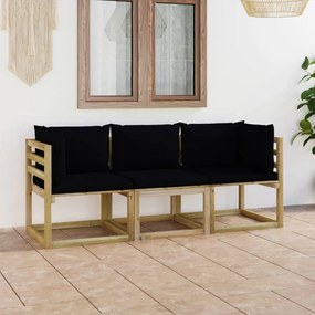 vidaXL háromszemélyes kerti kanapé fekete párnákkal
