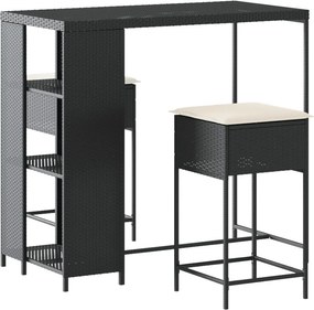 vidaXL 3 részes fekete polyrattan kerti bárszett párnával