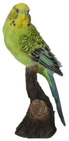 Faágon ülő papagáj polyresin szobor, zöld, kültéri és beltéri dekorációs kiegészítő