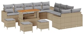 13 darabos kerti sofa szett párnákkal Bézs Poli Rattan Akácia, 3 darabos kerti étkező szett párnákkal Bézs Poli Rattan Akácia