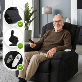 Elektromosan Vezérelhető Masszázsfunkciós Relaxfotel Fekete Színben, Felállást Segítő Funkcióval. FENIX