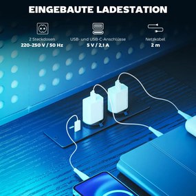 HOMCOM Gamer asztal LED-del és konnektorokkal, dupla monitoros állvánnyal, fekete