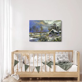 Téli tájon lévő házikó képe, olajfestmény (90x60 cm)