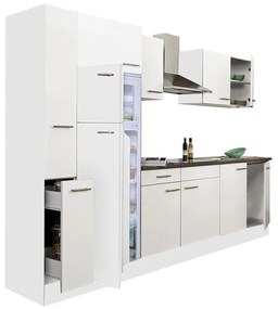 Yorki 300 konyhabútor fehér korpusz,selyemfényű fehér fronttal felülfagyasztós hűtős szekrénnyel