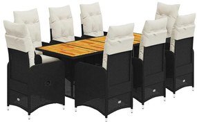 9 részes fekete polyrattan kerti bisztrógarnitúra párnákkal