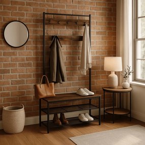 Előszobai fogas 70 cm méretben, polcos kivitelben, rusztikus tölgy/fekete színben JETT