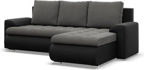 Tokio sarokkanapé, 2 ágyneműtartóval, bársony + műbőr, jobboldali, szürke - fekete