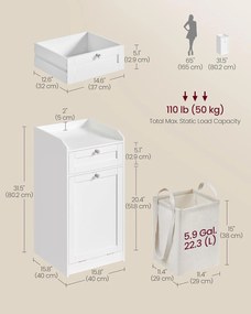 Fürdőszobai szekrény szennyeskosárral, fiókos fürdőszobai szekrény, felhőfehér