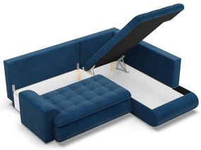 Tokio sarokkanapé, L alakú háttámlával, 2 ágyneműtartóval, kordbársony, jobboldali, kék