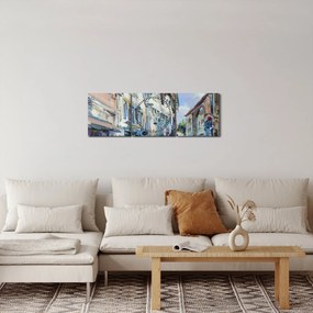 Kép - régi város sikátora, akril festmény (órával) (90x30 cm)