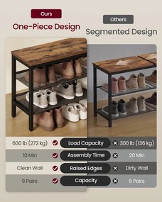 3 szintes cipőtartó pad emelt peremmel, ipari stílusban, rusztikus barna