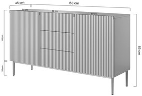 Nicole 150 cm-es komód három fiókkal - matt fehér / arany lábak