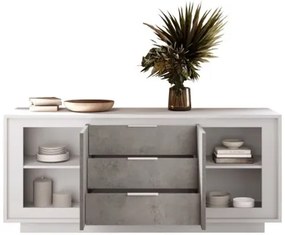 SKY 2.0 komód 2 ajtóval és 3 fiókkal, fehér matt lakkozott vázzal és betonhatású laminált előlapokkal